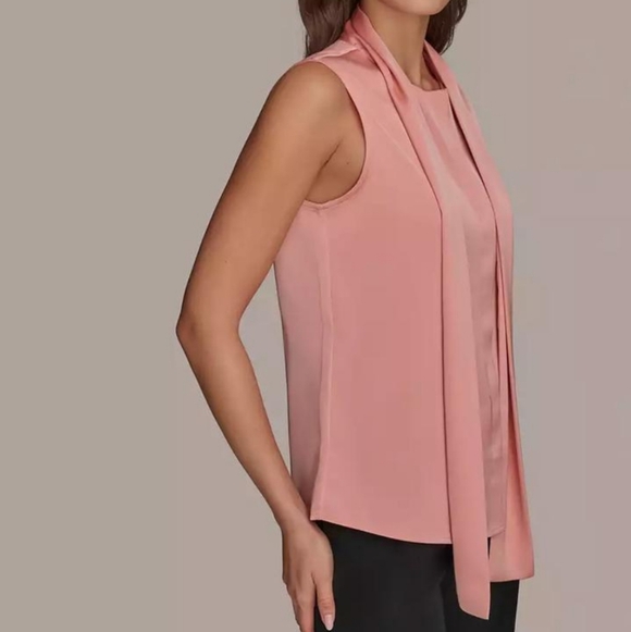 Donna Karan peach satin sleeveless tie neck detail hidden button down blouse - Picture 3 of 14